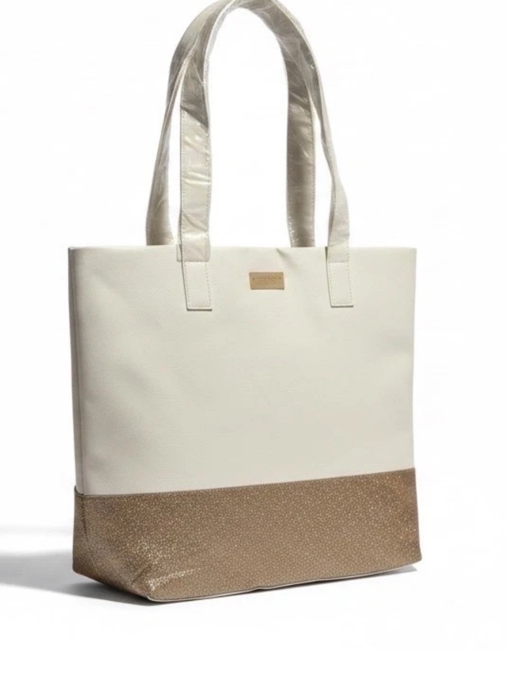 large Jimmy Choo Parfums tote bag white w/ bronze sparkling glitter base